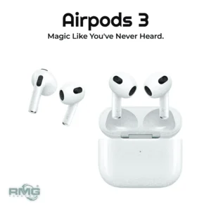 A pair of AirPods 3 replicas are displayed against a white background. The earbuds feature a sleek design with a charging case. Text overlay reads 'AirPods 3 3rd Gen Copy Perfect Replica'.