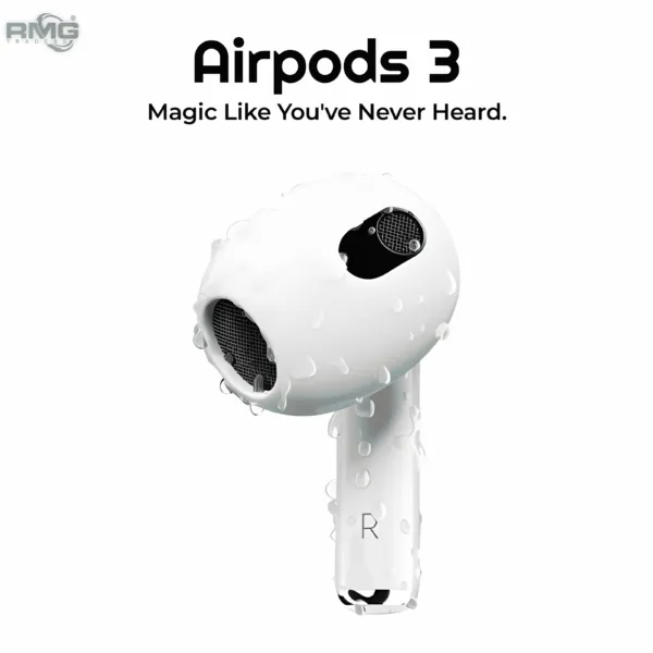 AirPods 3 replicas showcased in a white background. The earbuds are neatly arranged alongside their charging case. Text overlay highlights 'Easy Connectivity, Clear Sound, Simple Controls'