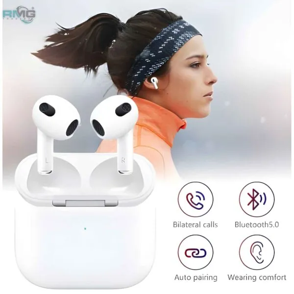 AirPods 3 replica earbuds and case in clear view.