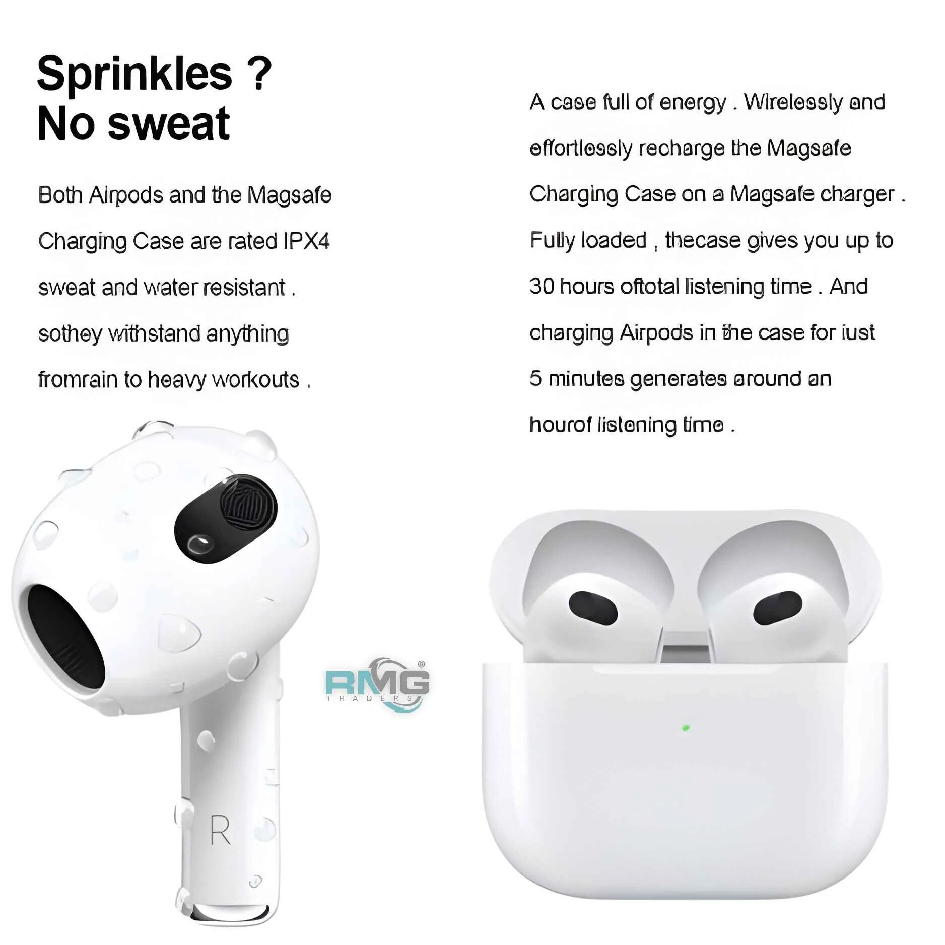 AirPods 3 waterproof replica earbuds and charging case on white backdrop.