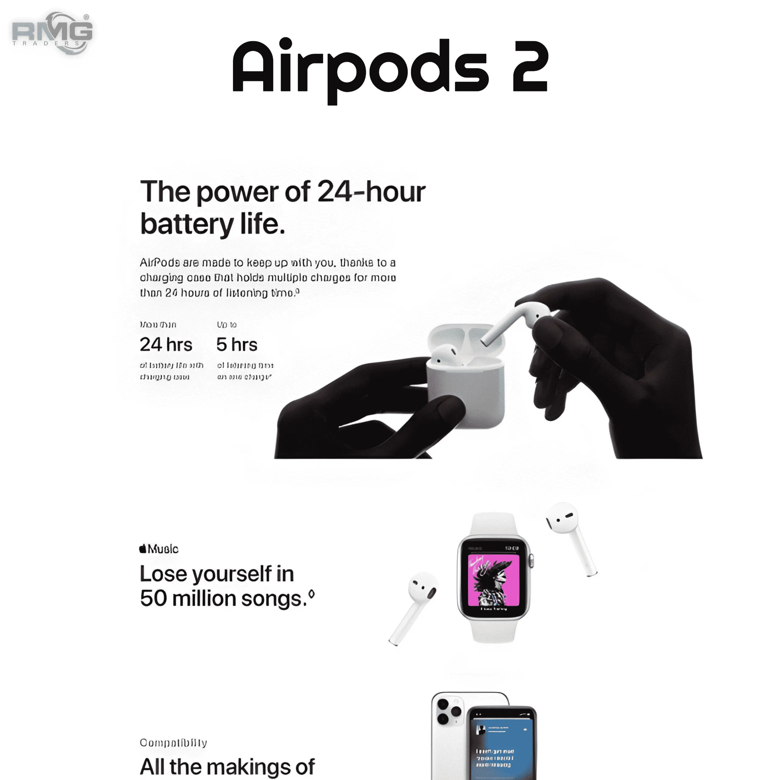 Airpods 2 Bluetooth earphones for wireless listening.