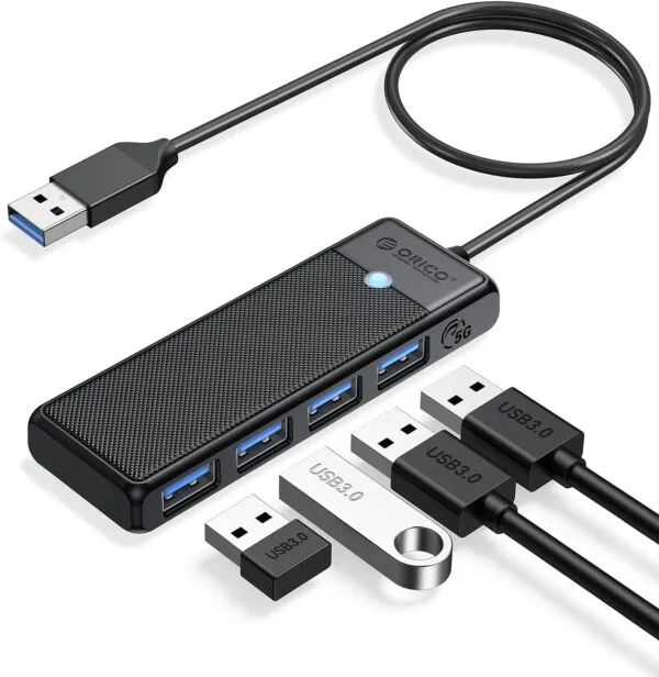 ORICO 4-Port USB 3.0 Hub Four USB ports illuminated with blue LED lights on the ORICO hub