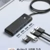 Close-up of the ORICO USB splitter with four ports highlighted.