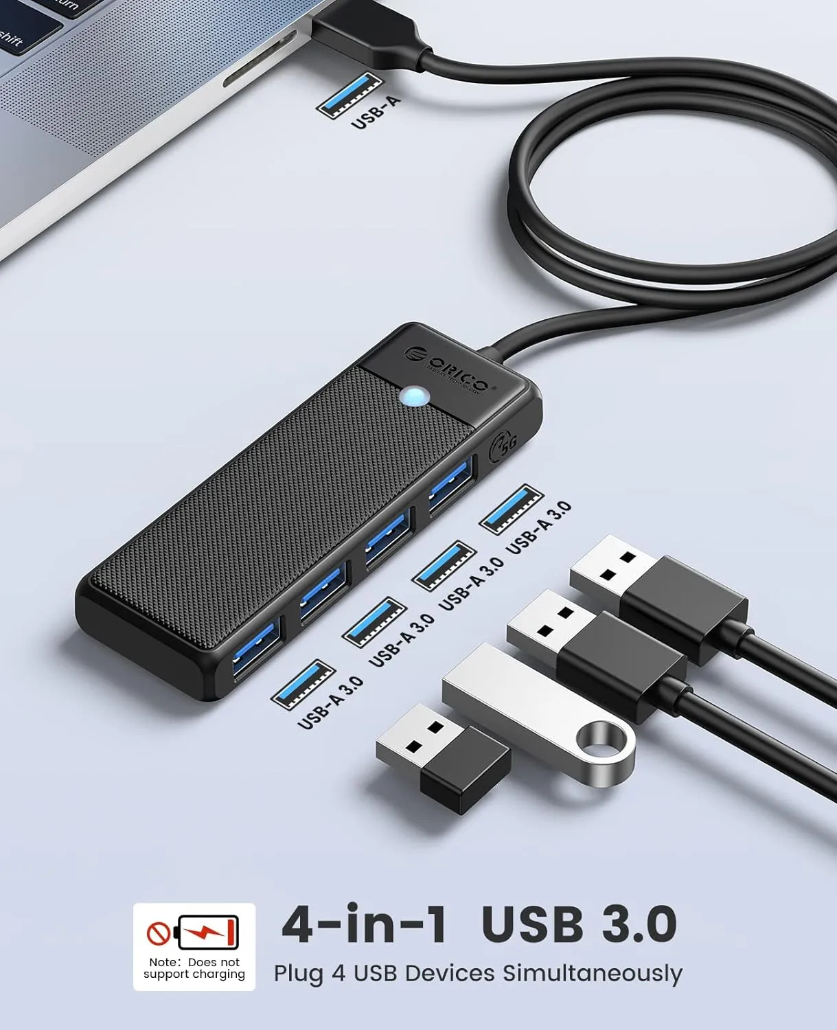 Close-up of the ORICO USB splitter with four ports highlighted.