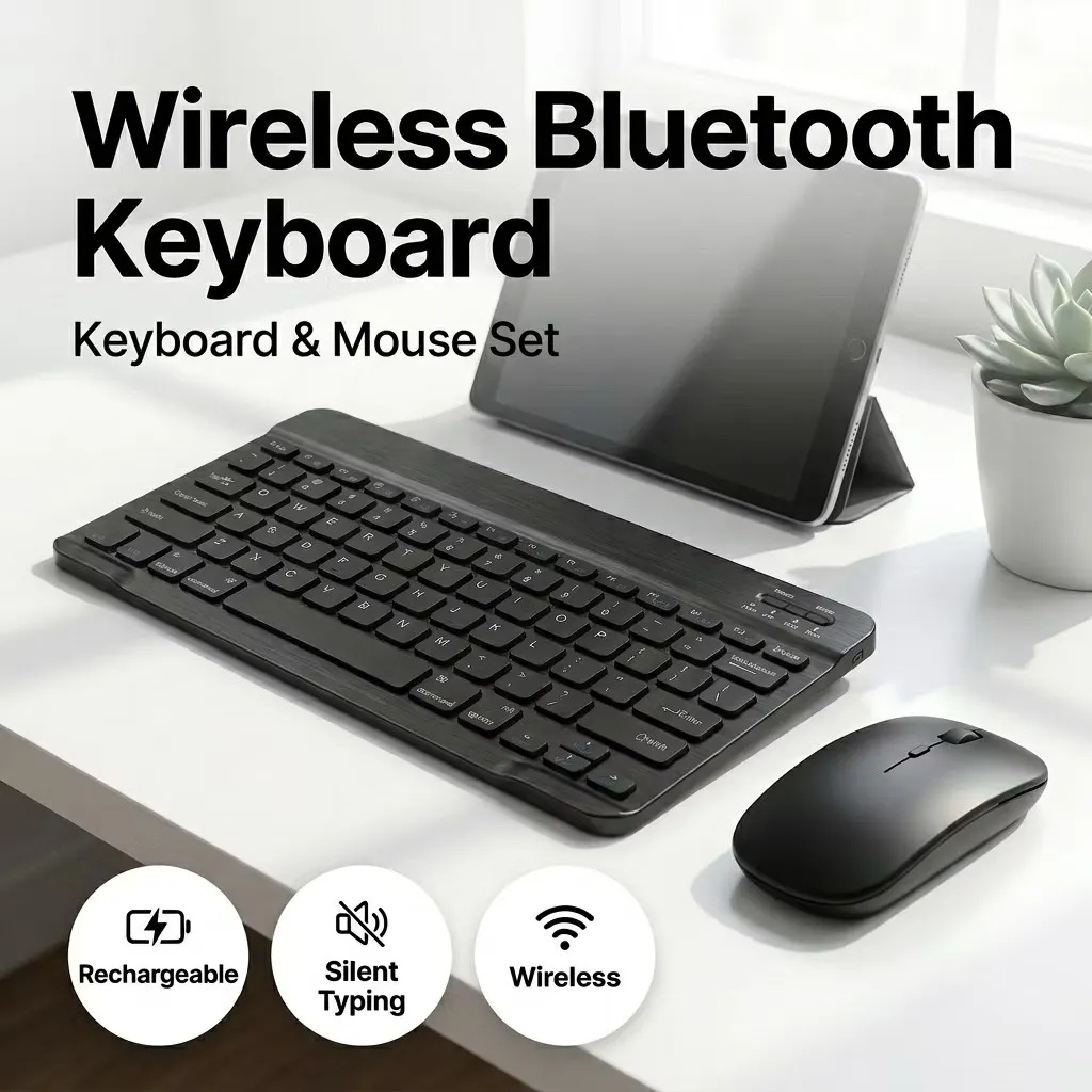 Portable Bluetooth Keyboard & Mouse Set – Slim Mini Wireless Keyboard and Mouse Combo for Tablet, Phone, Laptop & Mobile Devices