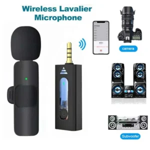 Close-up of the K35 Wireless Lavalier Mic showing its sleek, professional design.