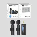 Professional K35 Wireless Lavalier Mic with clip and 3.5mm jack for recording.