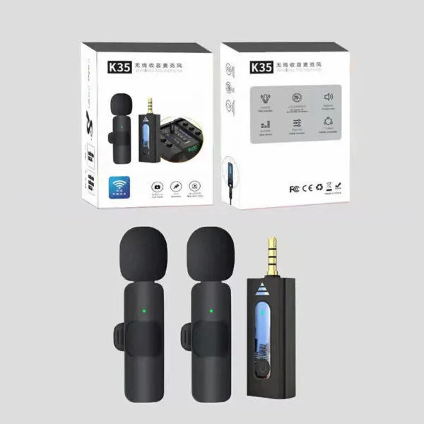 Professional K35 Wireless Lavalier Mic with clip and 3.5mm jack for recording.