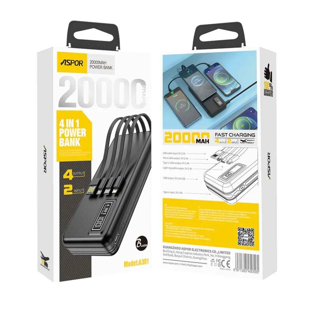Aspor A300 20000mAh Power Bank with 4-in-1 Charging Cable: Fast charging, high capacity, and built-in removable cables for all your devices. Perfect for travel.