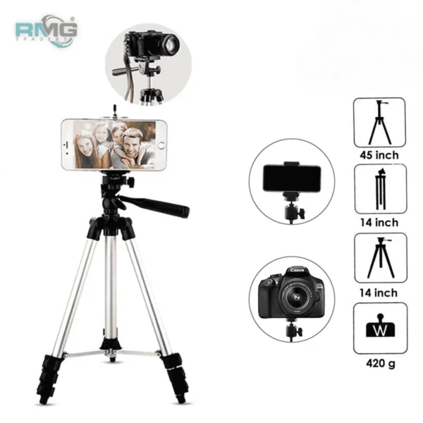 Silver Aluminum 3.5ft Tripod Stand with Phone Holder