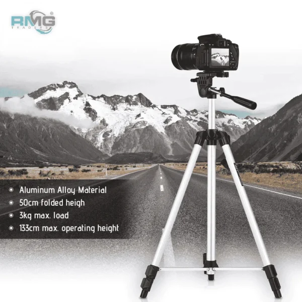 Portable 3.5ft adjustable aluminum tripod with phone holder.