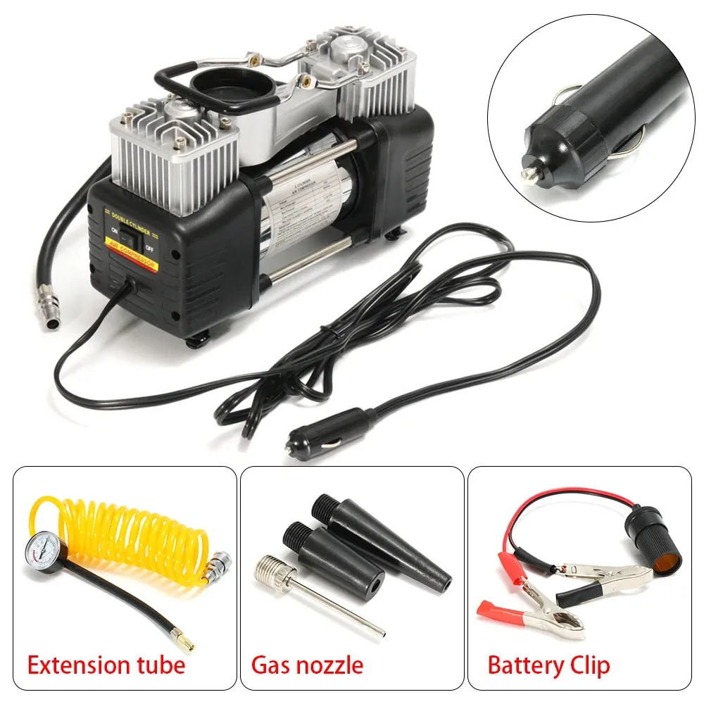 Portable 12V dual cylinder car tire air compressor