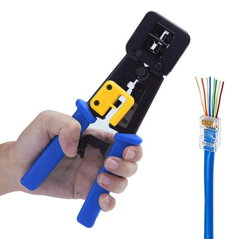 RJ45 Pass-Through Crimp Tool with wire stripper and cutter.