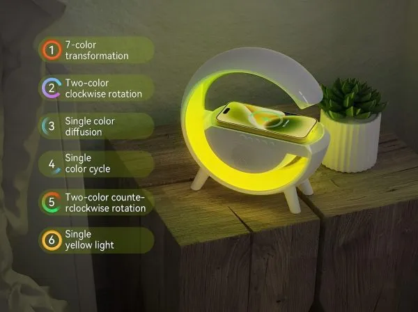 LED RGB lamp for home and office with wireless charging feature.
