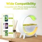Sleek G-shaped table lamp with multi-color lighting effects.