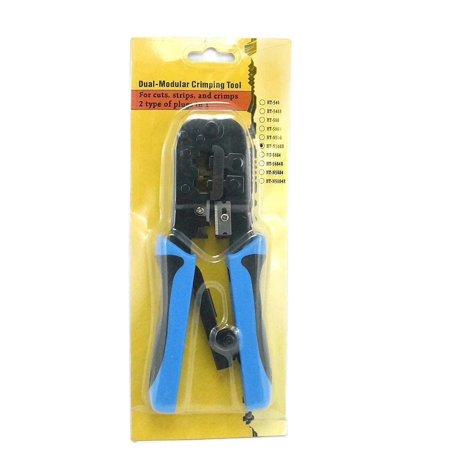 Network cable crimping and stripping tool for RJ45, RJ12, and RJ11.