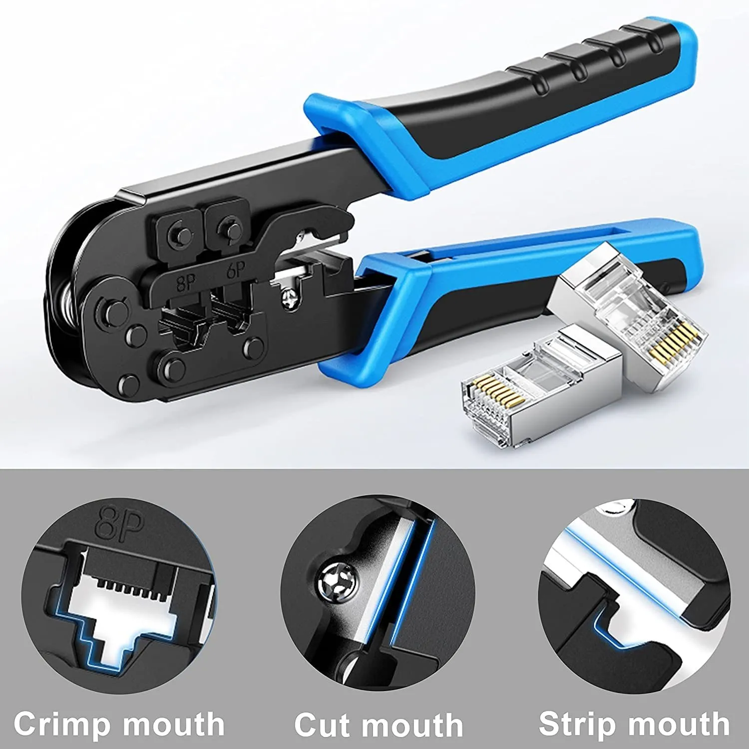 Wire cutter and modular cable crimper for Ethernet connectors.
