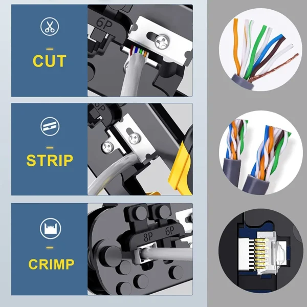 RJ45, RJ12, RJ11 cable tool for cutting, stripping, and crimping.