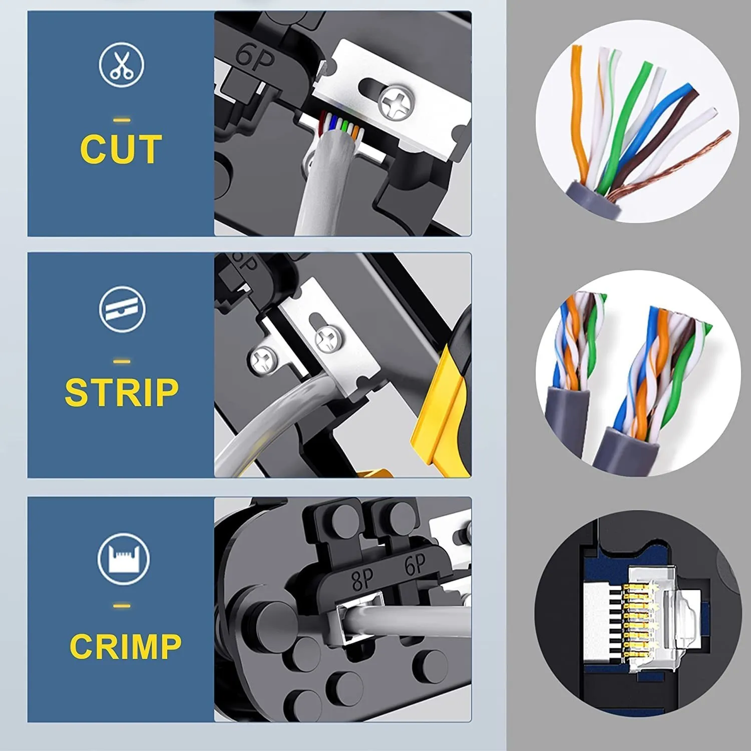 RJ45, RJ12, RJ11 cable tool for cutting, stripping, and crimping.