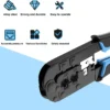Versatile network cable cutting, stripping, and crimping tool designed for professional RJ45, RJ12, and RJ11 connectors.