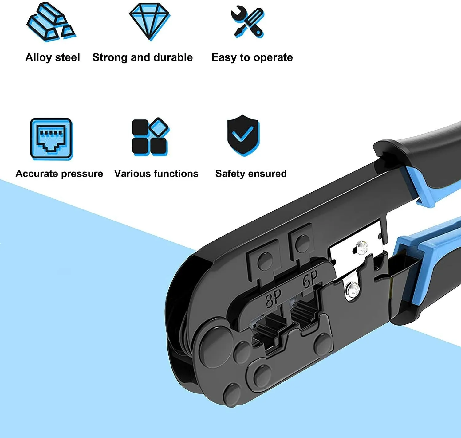 Versatile network cable cutting, stripping, and crimping tool designed for professional RJ45, RJ12, and RJ11 connectors.