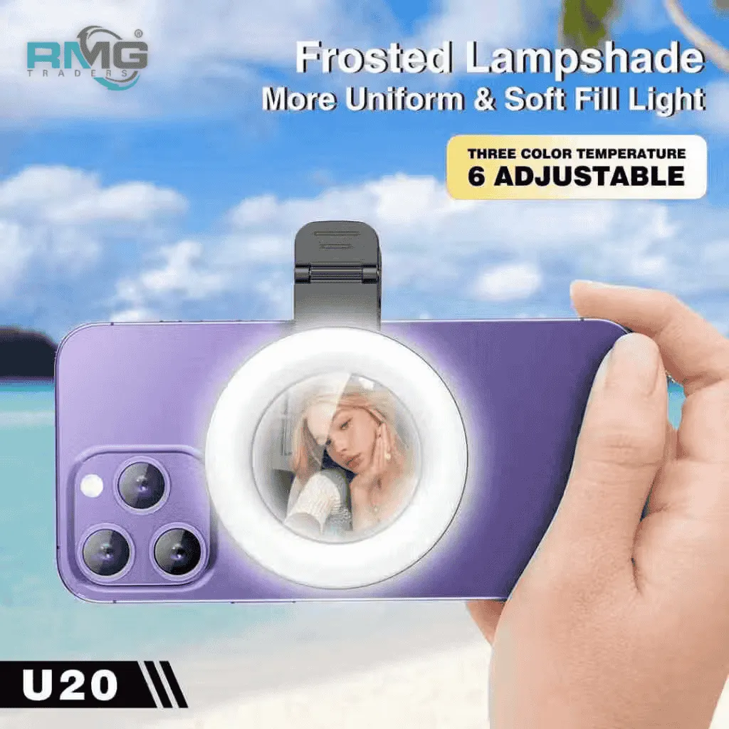 Clip-on LED light mirror for professional selfies and videos.