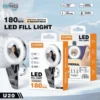 Mobile selfie mirror with LED ring light for influencers.