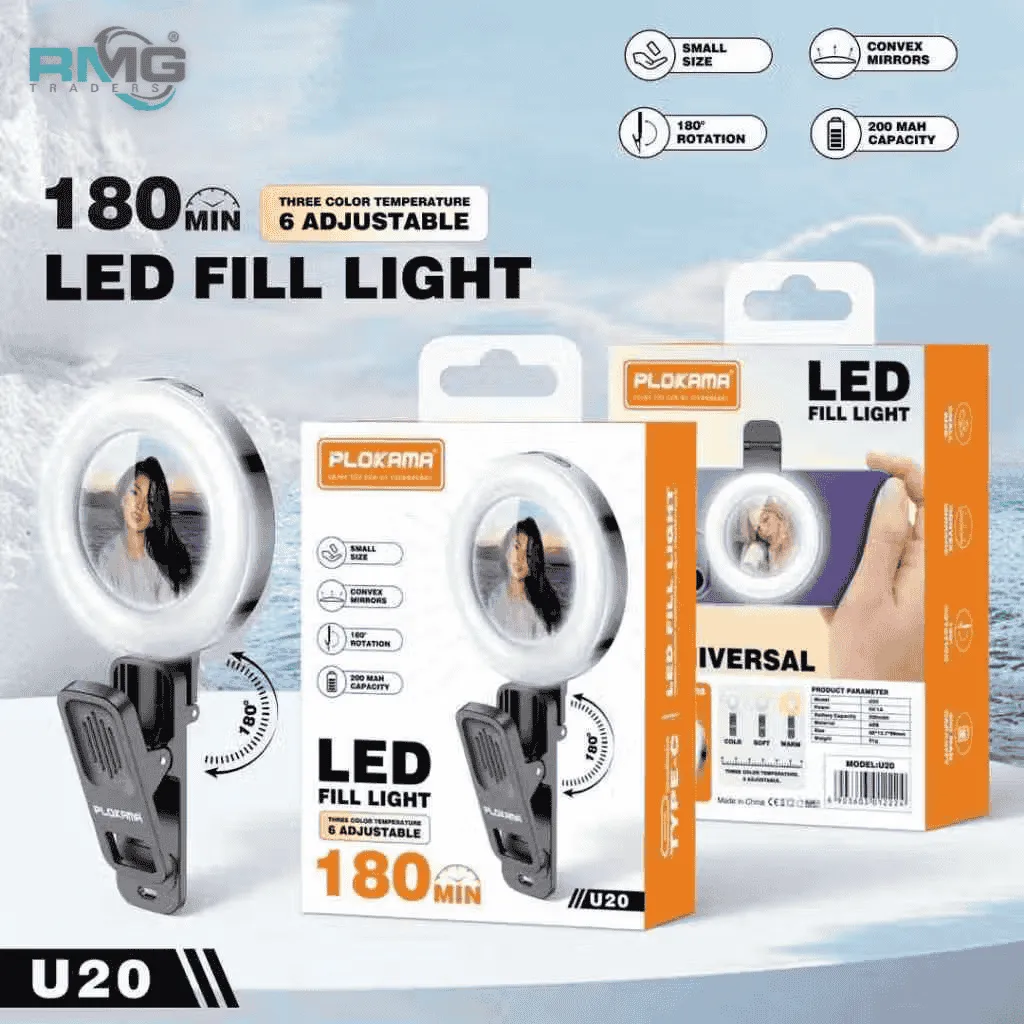 Mobile selfie mirror with LED ring light for influencers.