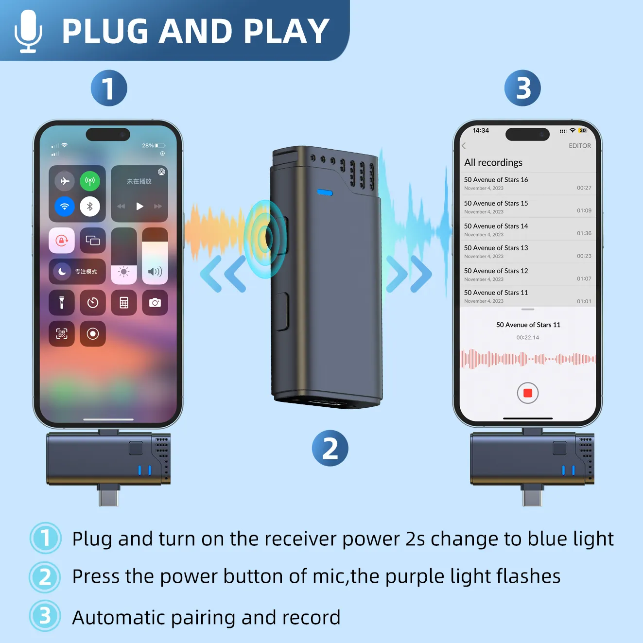Compact wireless microphone with 2.4G technology.