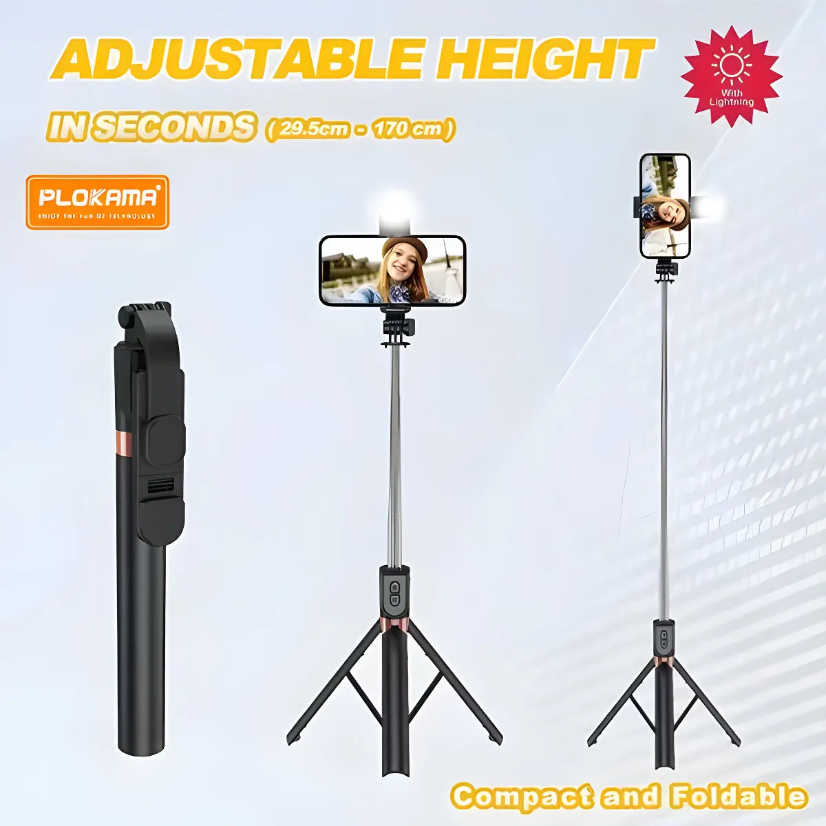 4 in 1 Selfie Stick with Tripod Stand, LED Light, and Wireless Remote. Perfect for photography, videos, and live streaming.