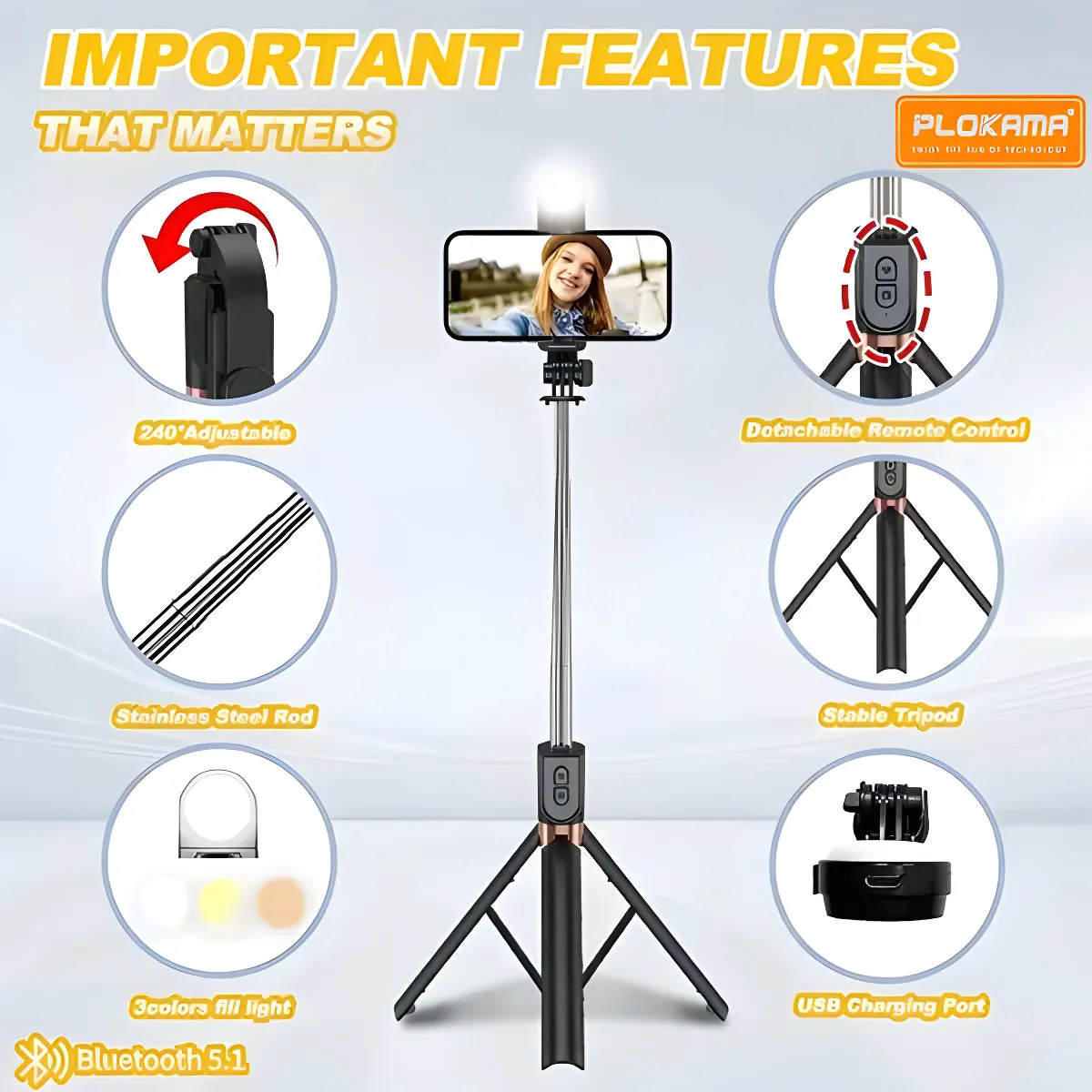LED light tripod selfie stick for vlogging.