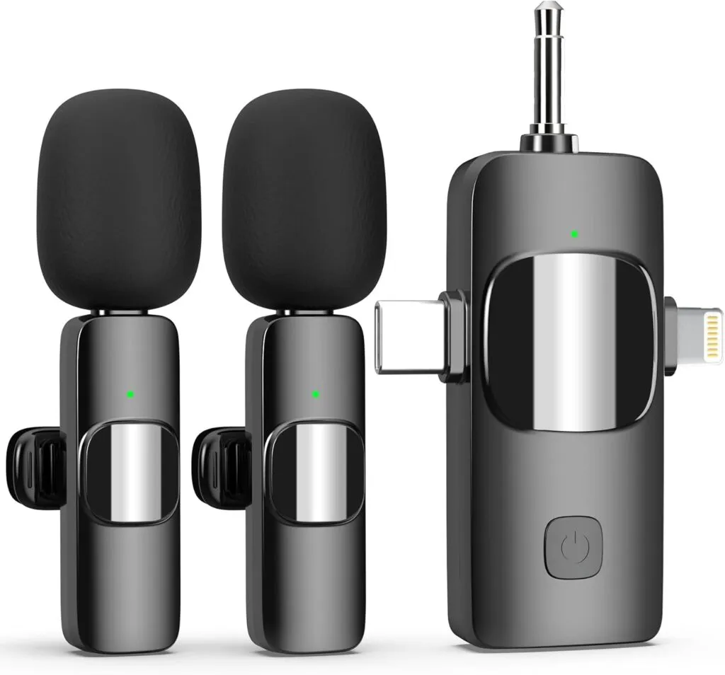 3-in-1 Wireless Lavalier Microphone for iPhone, Android, and cameras.