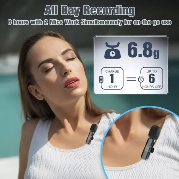 Clip-on lapel mic with noise reduction and 65ft wireless range.