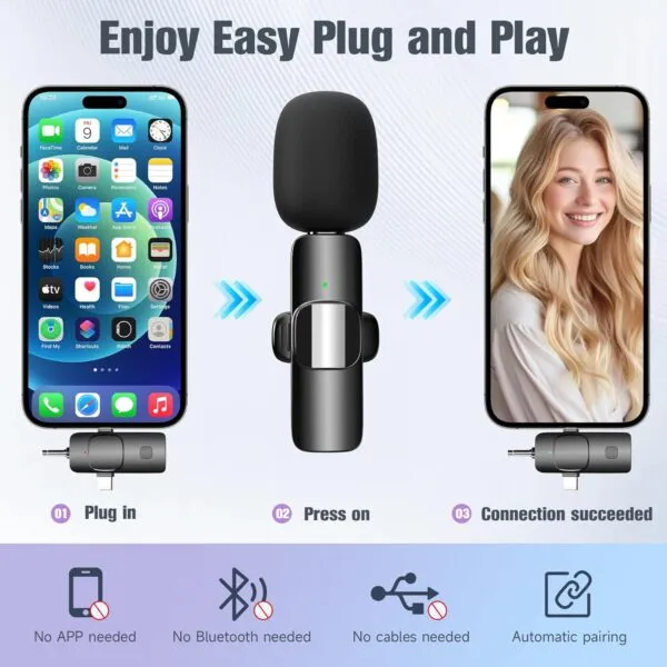 USB-C compatible wireless microphone for video recording.