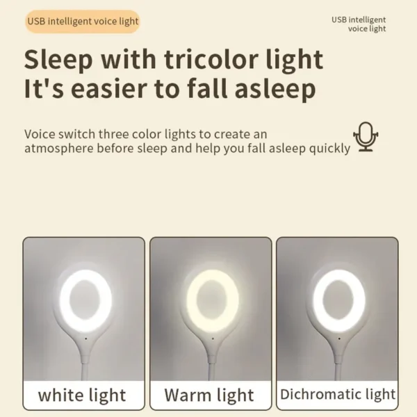 Smart LED voice command lamp with energy-saving features and three light modes.