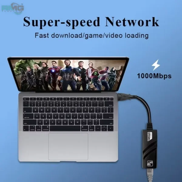 Portable USB 3.0 Ethernet adapter with RJ45 connector.
