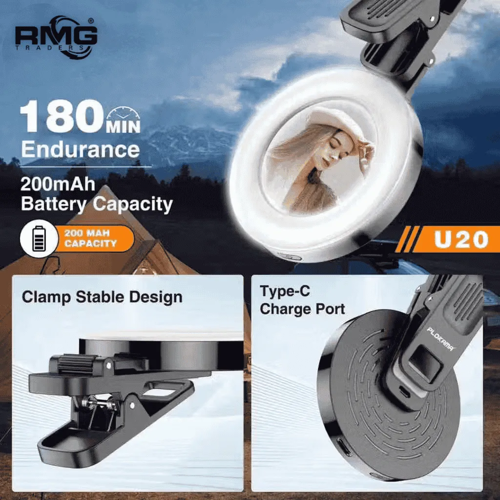 Plokama U20 Ring LED Selfie Mirror Clip with adjustable brightness.