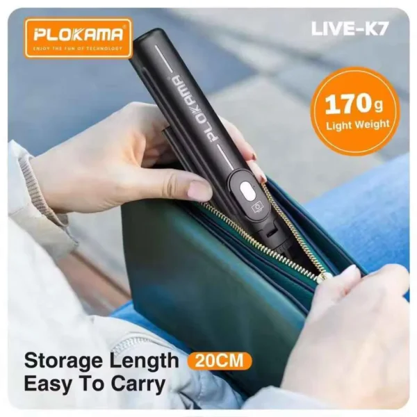 Portable Plokama K7 selfie stick for travel photography.