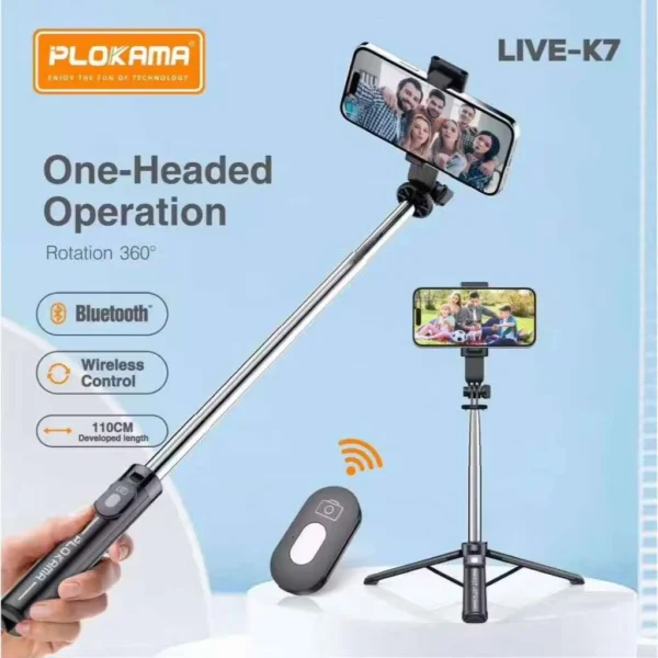 Adjustable Plokama selfie tripod for smartphones.