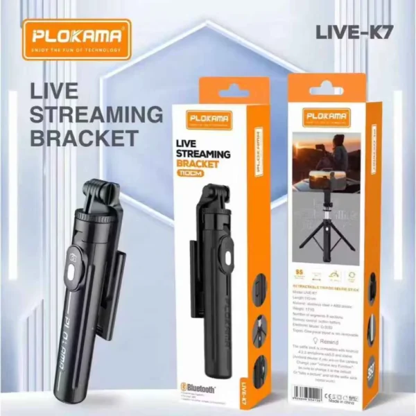 Compact Plokama selfie stick with remote control.