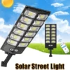 Outdoor motion sensor solar street lamp with waterproof design.