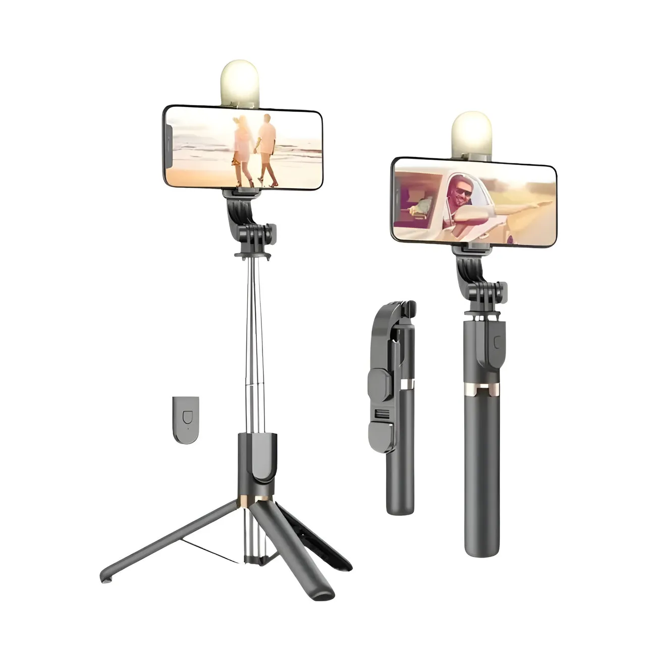 Multifunctional selfie stick with LED light.
