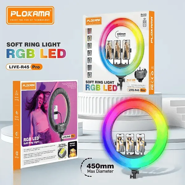 Plokama R45 Pro Soft LED RGB Ring Light 17.5 Inch for professional photography.