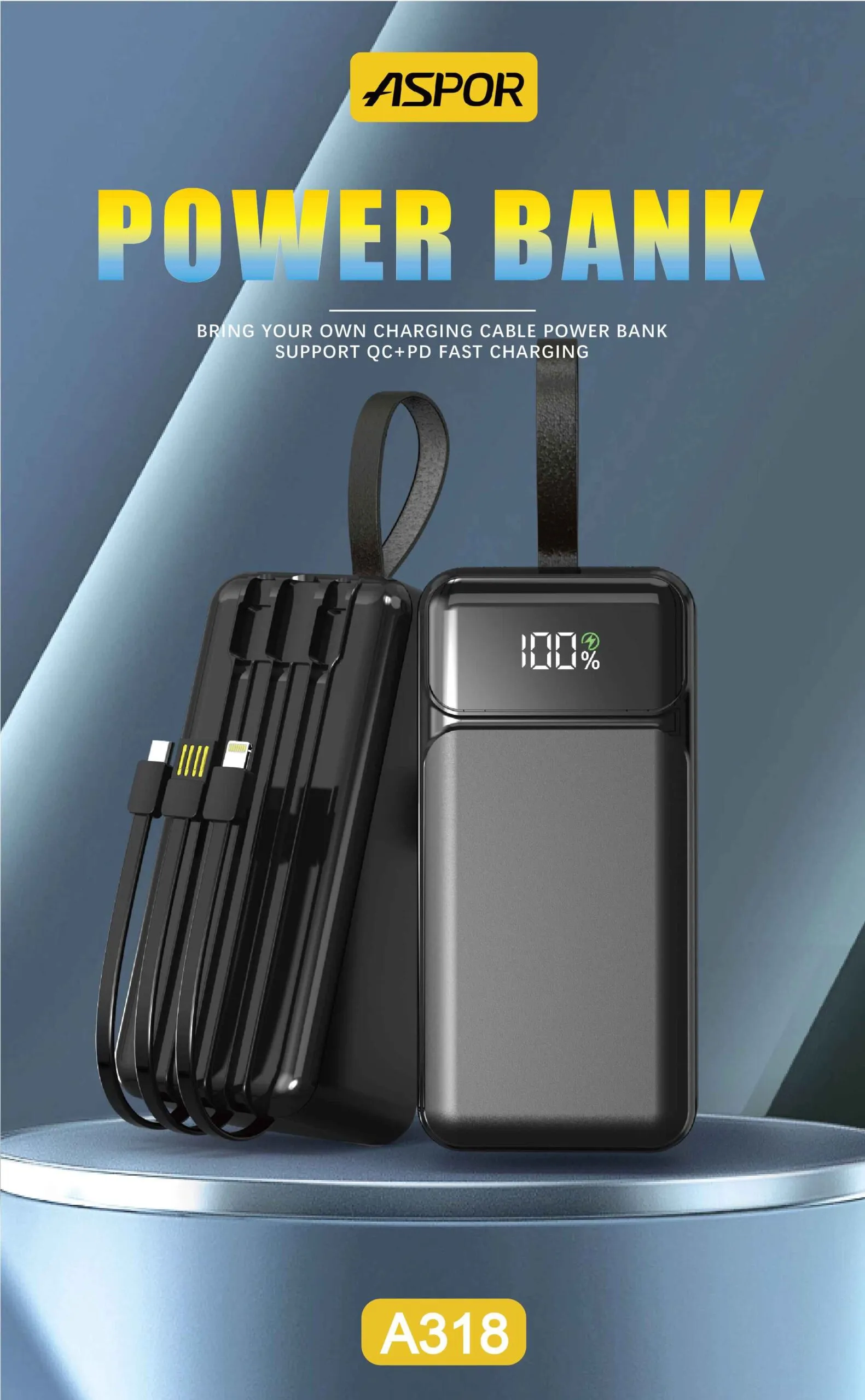 Durable Aspor A318 Power Bank with 3 Built-In Cables
