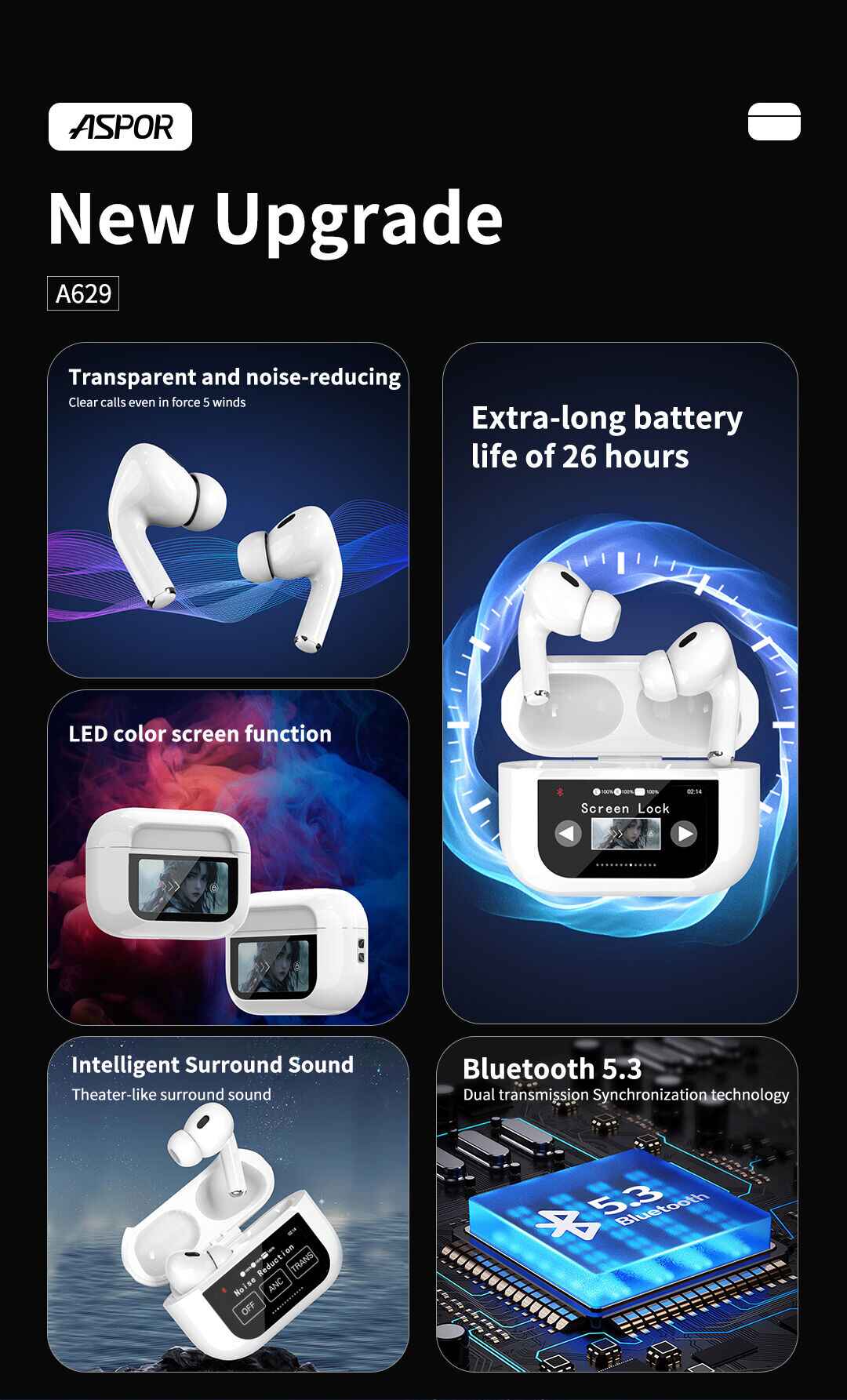 Aspor A629 Crystal-Clear HD Sound Wireless Earphones for Calls & Music
