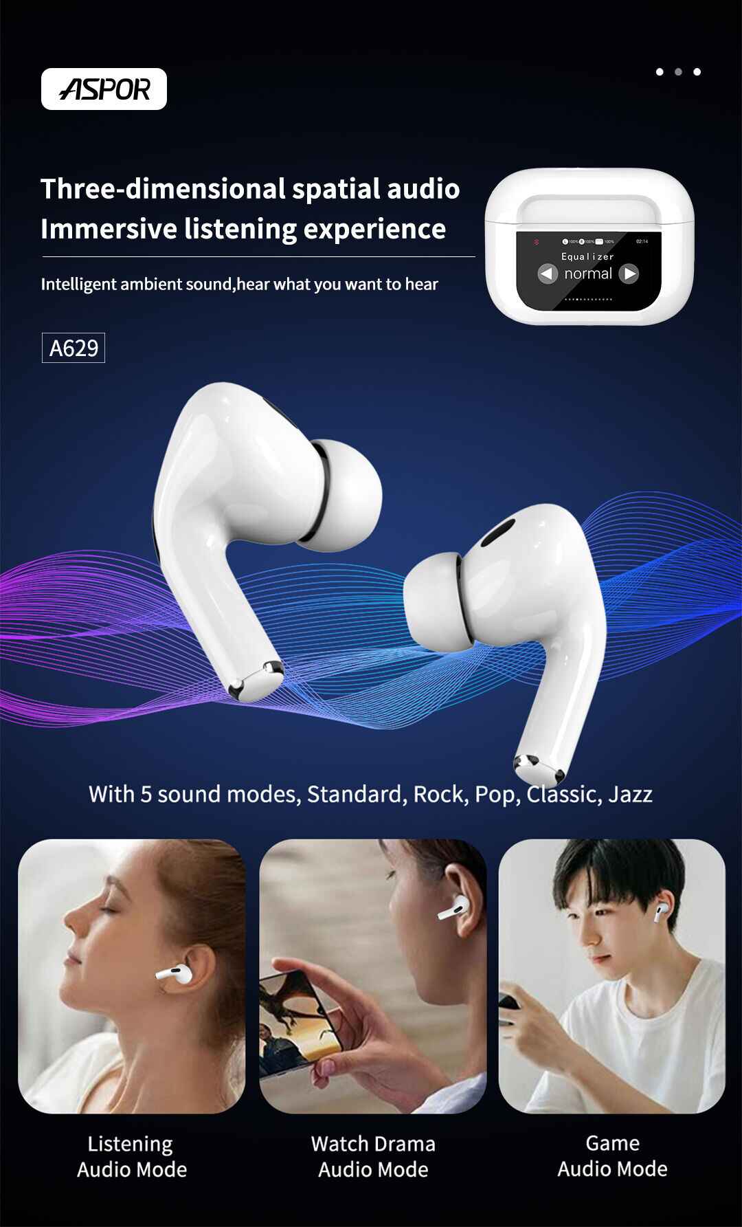 Aspor A629 Stylish & Comfortable Bluetooth Earbuds with Fast Charging
