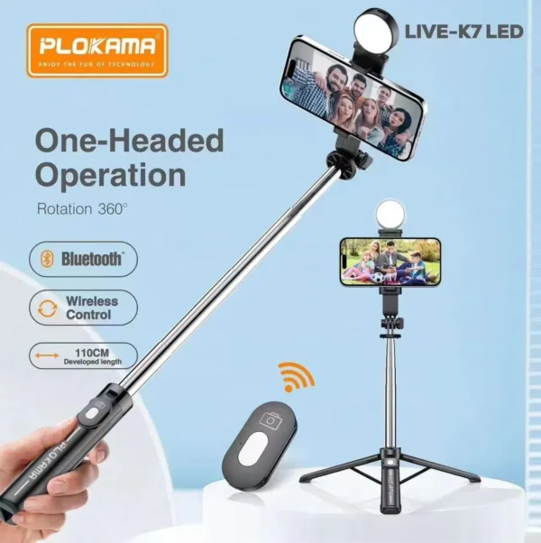 Selfie Stick Plokama Live K7-Pro with 2 Rechargeable LED Lights