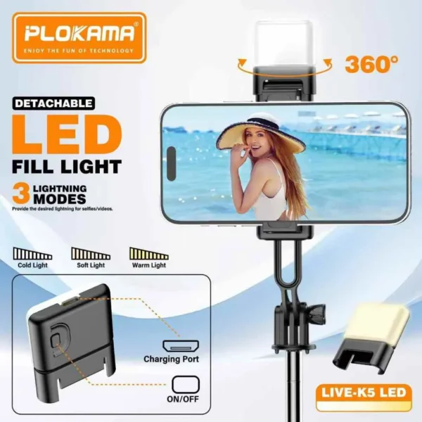 Compact & Foldable Plokama K5 LED Selfie Stick Tripod