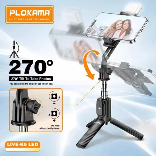 Plokama Mini Selfie Stick K5 with LED Light & Bluetooth Remote