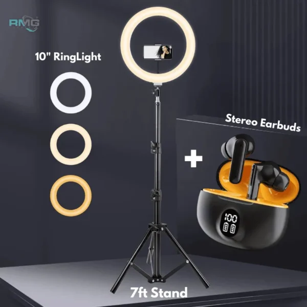 7ft Stainless Steel Stand + 10" LED Ring Light + Wireless Stereo Earbuds